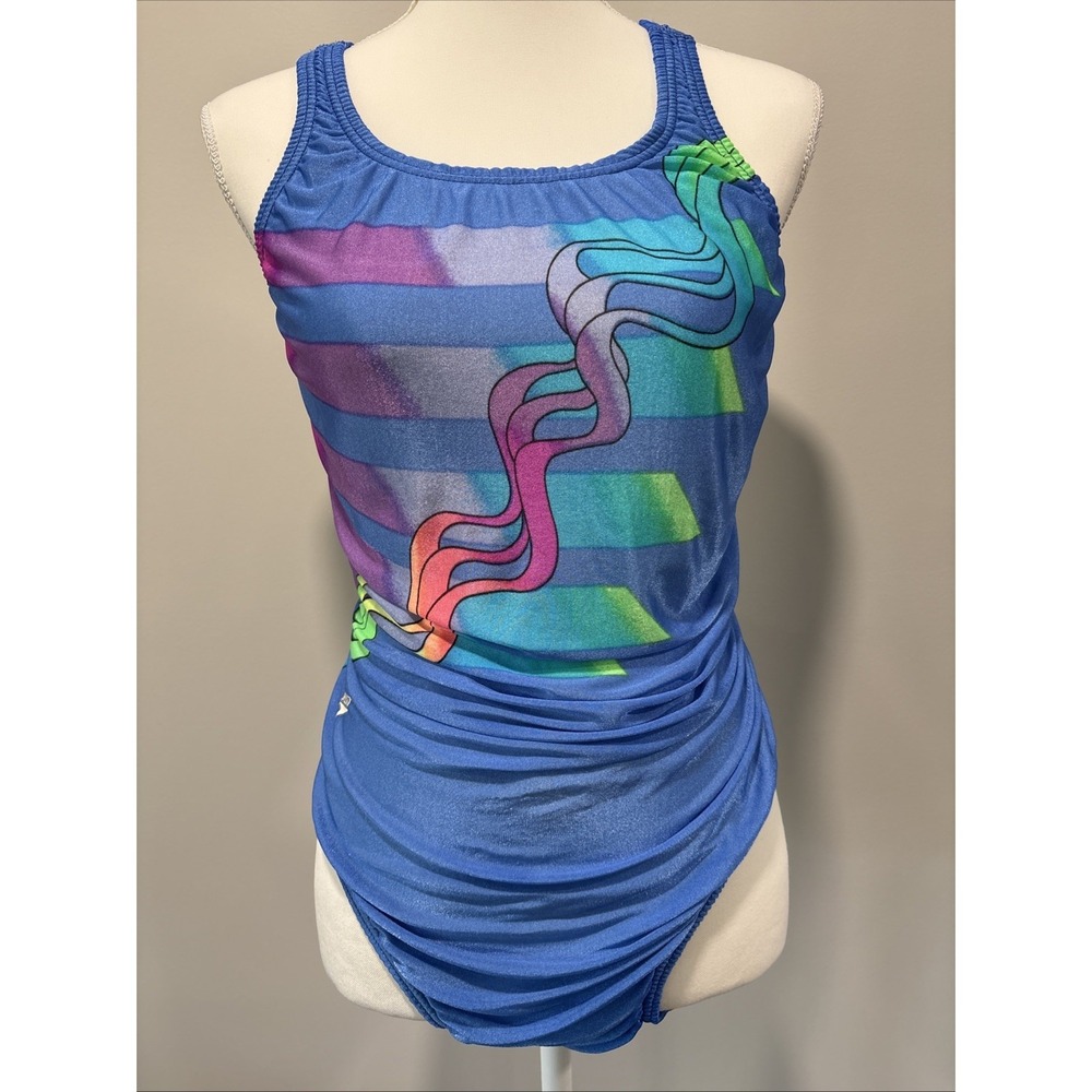 Vintage 90'S SPEEDO Womens 14 38 Blue Vaporwave Rainbow Racerback USA Antron